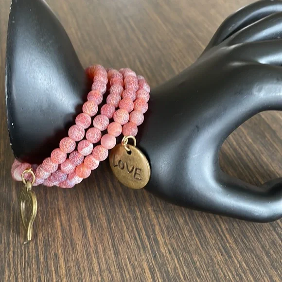 HAND CRAFTED BRACELET Red Pink Orange Snakeskin Agate Memory Stacked Lay… - Picture 5 of 7